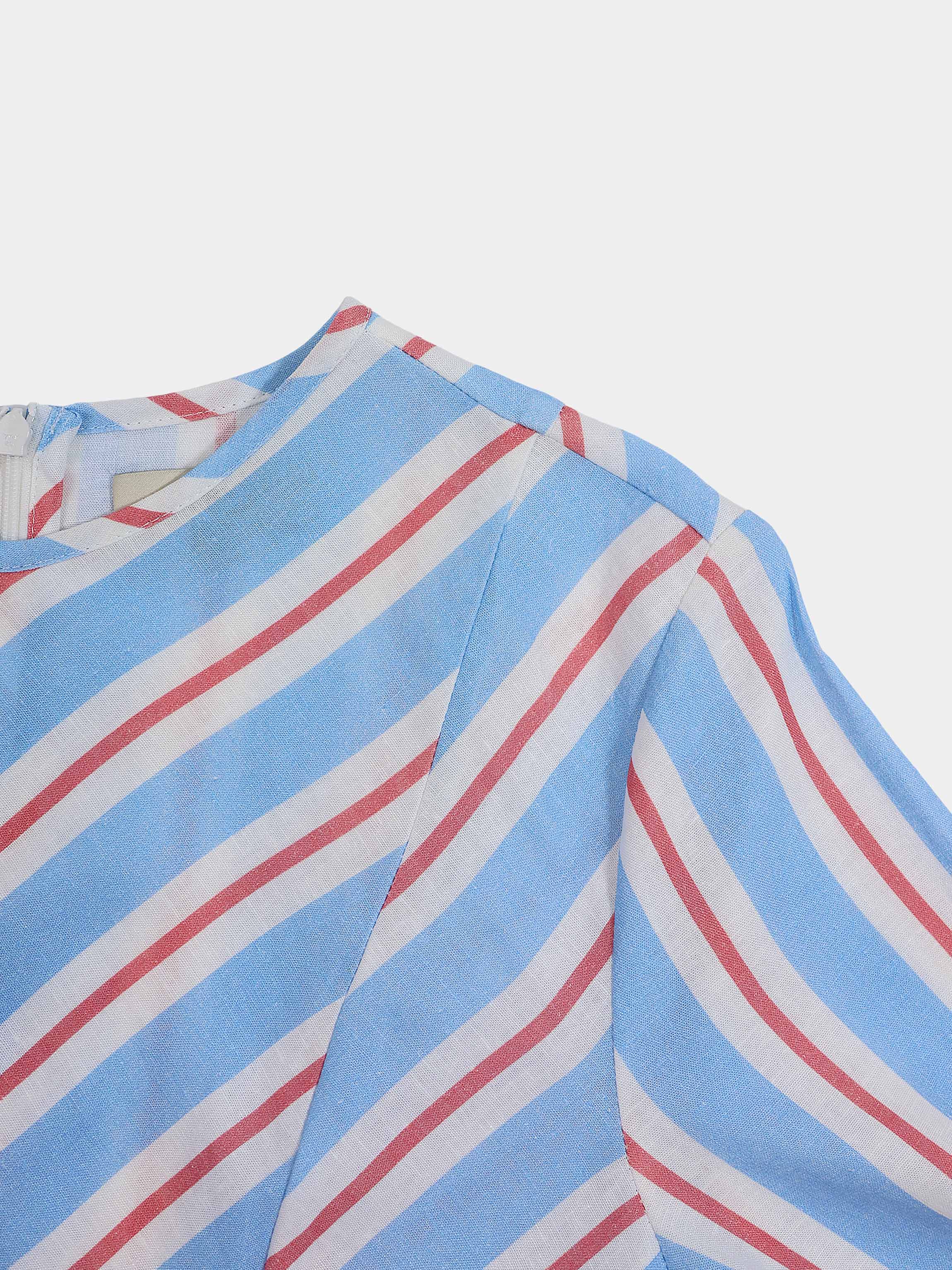 Striped Flare Sleeve Dress-Light Blue/White