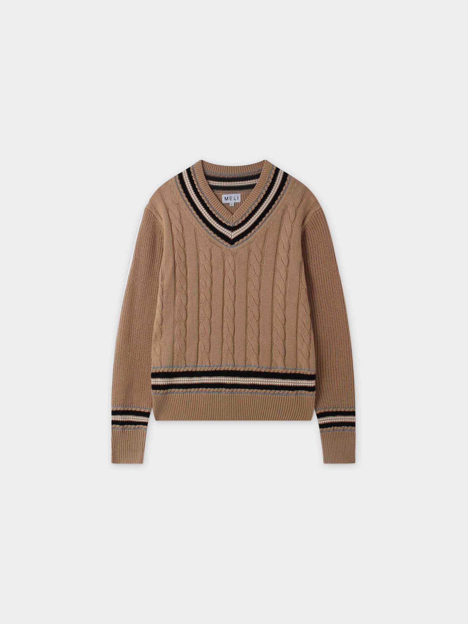 V-Neck Cable Sweater-Tan/Grey