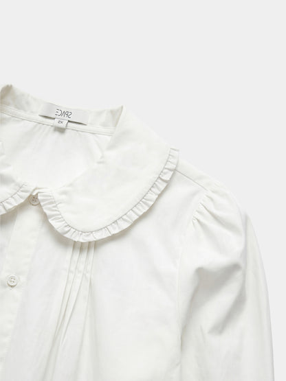 Ruffle Collar Pintuck Pleat Blouse-White