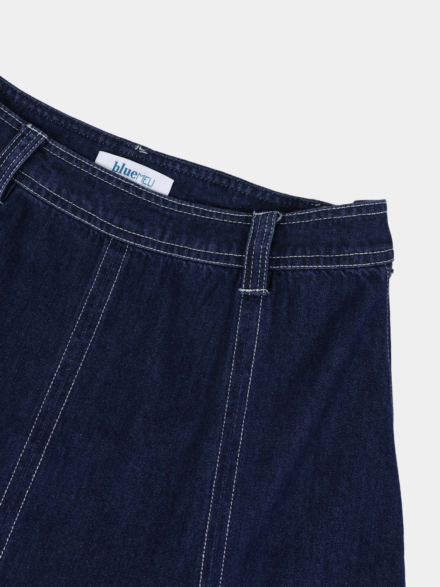 Seamed Bottom Stitched Denim Skirt-Dark Blue