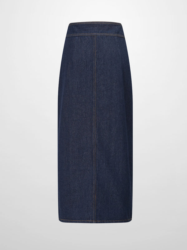 Button Down Denim Skirt-Deep Blue