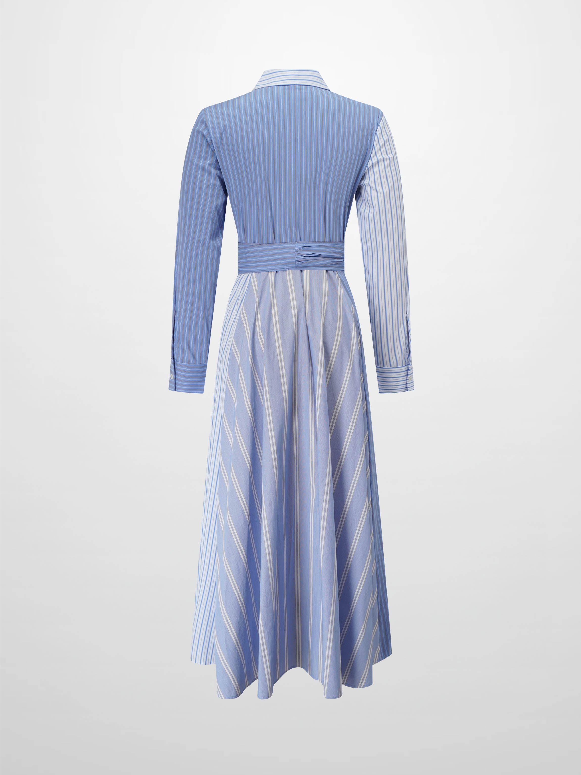 Mixed Pinstripe Belted Shirtdress-Blue