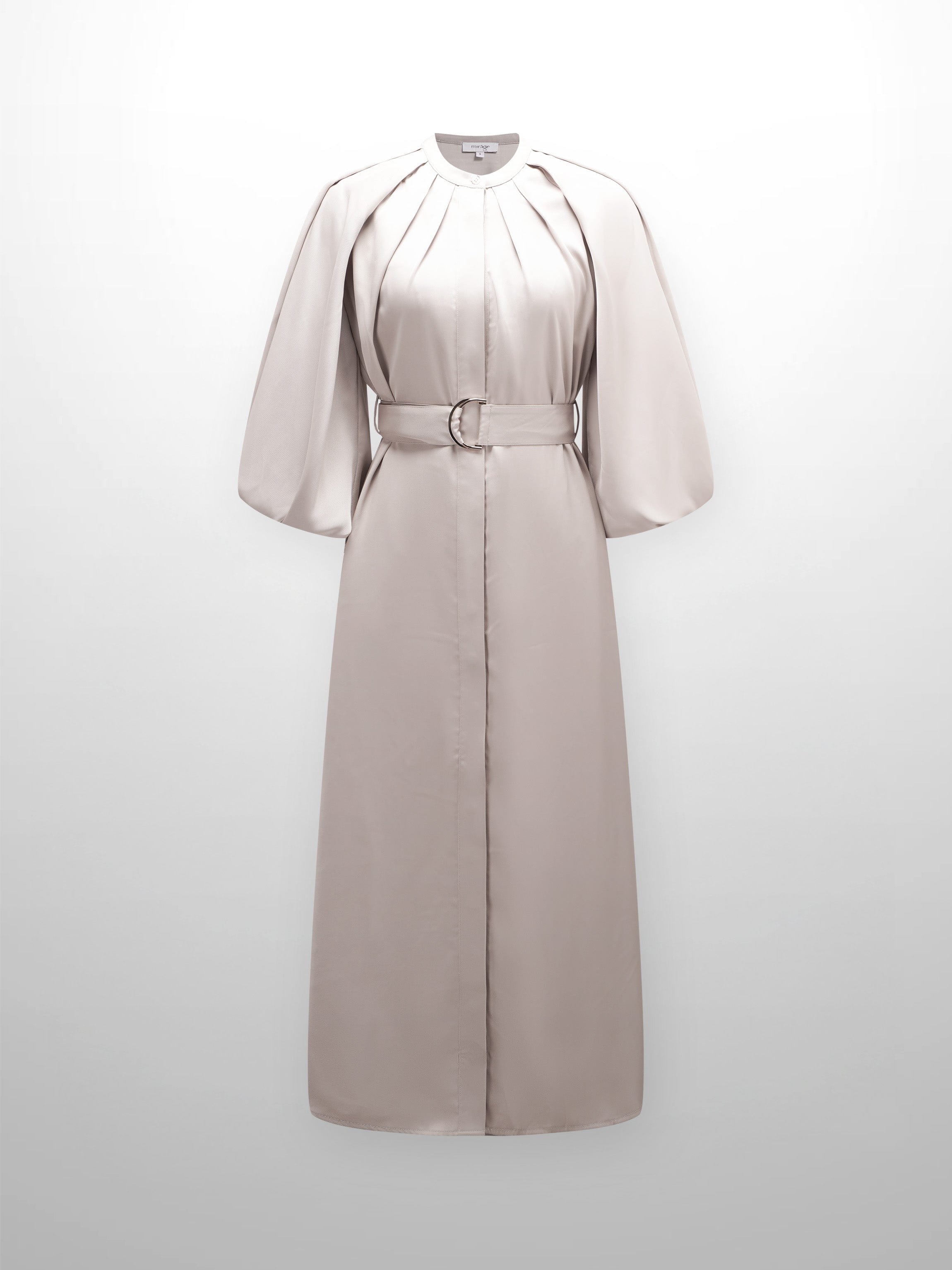 Pleat Neck Belted Dress-Ecru