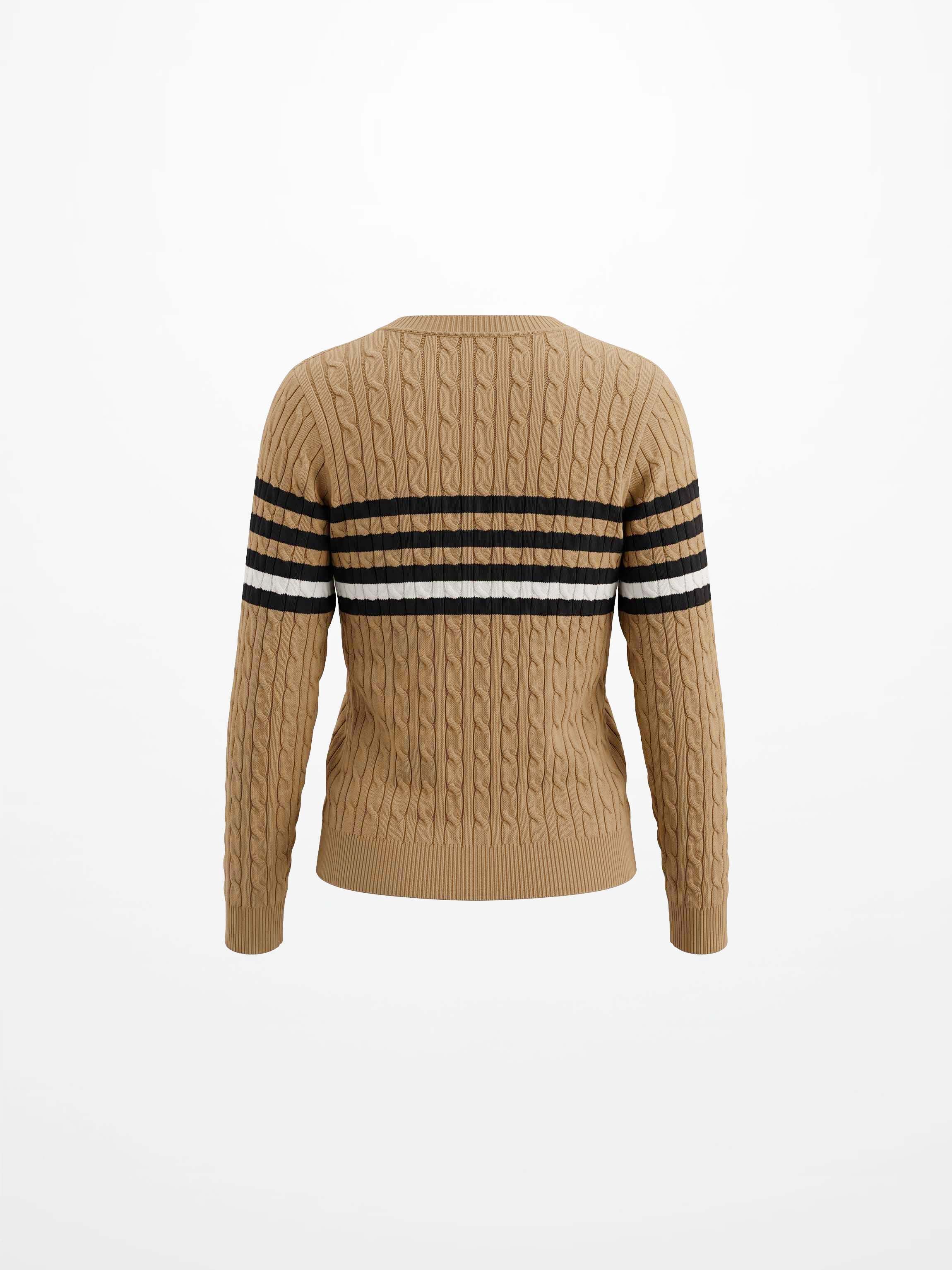 Striped Cable Knit Sweater - Tan/Black and White Stripe