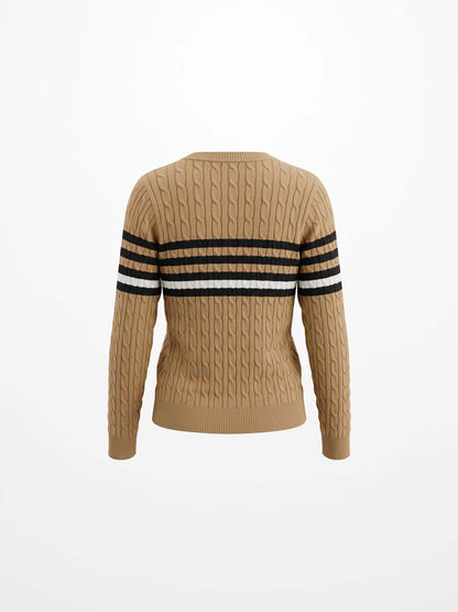 Striped Cable Knit Sweater - Tan/Black and White Stripe
