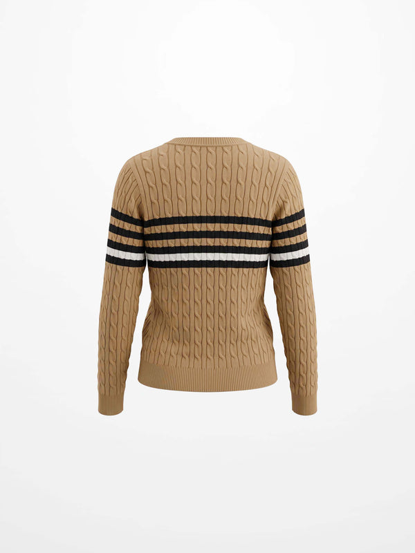 Striped Cable Knit Sweater - Tan/Black and White Stripe