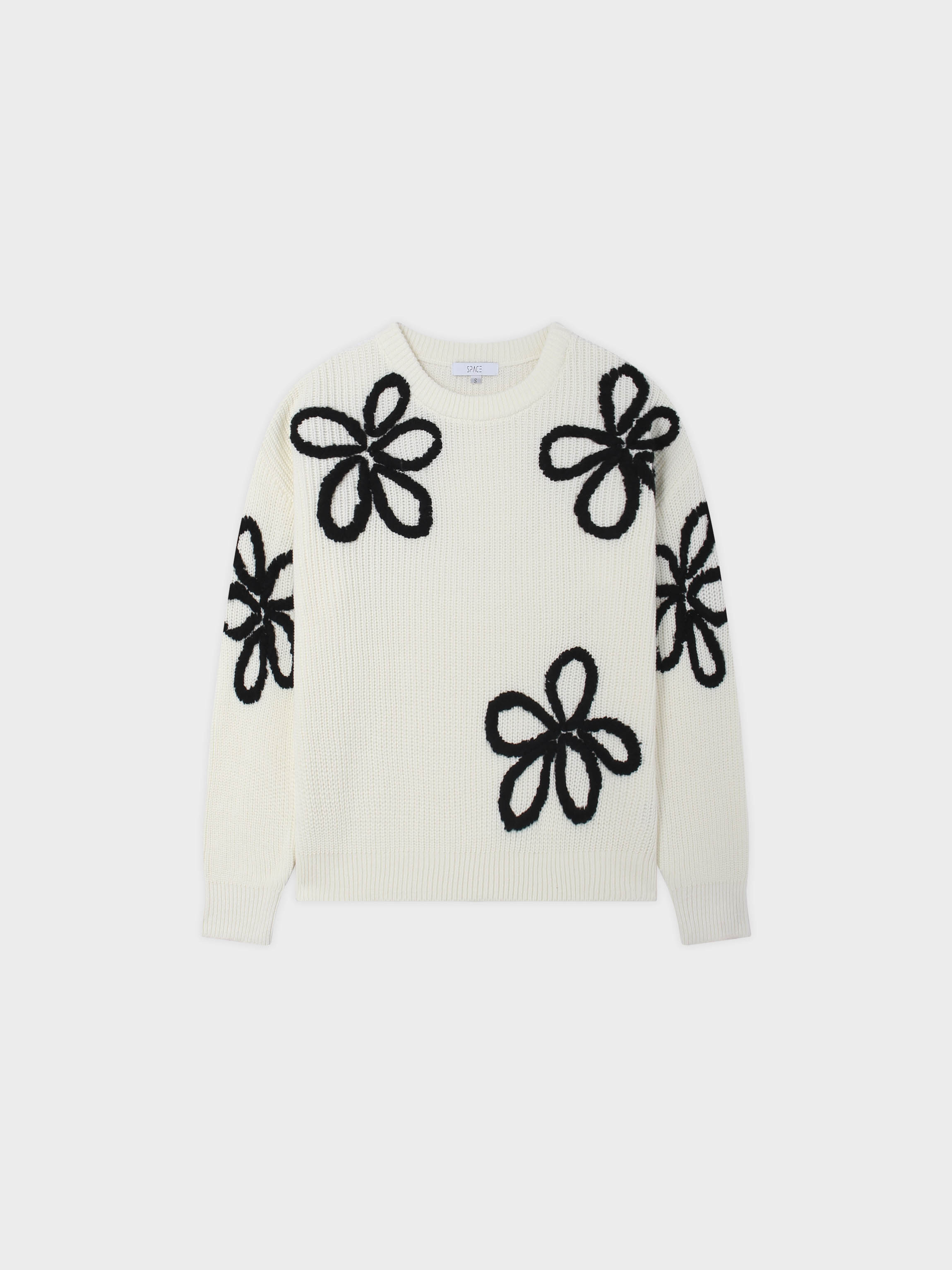 Flower Ribbon Sweater-Cream/Black