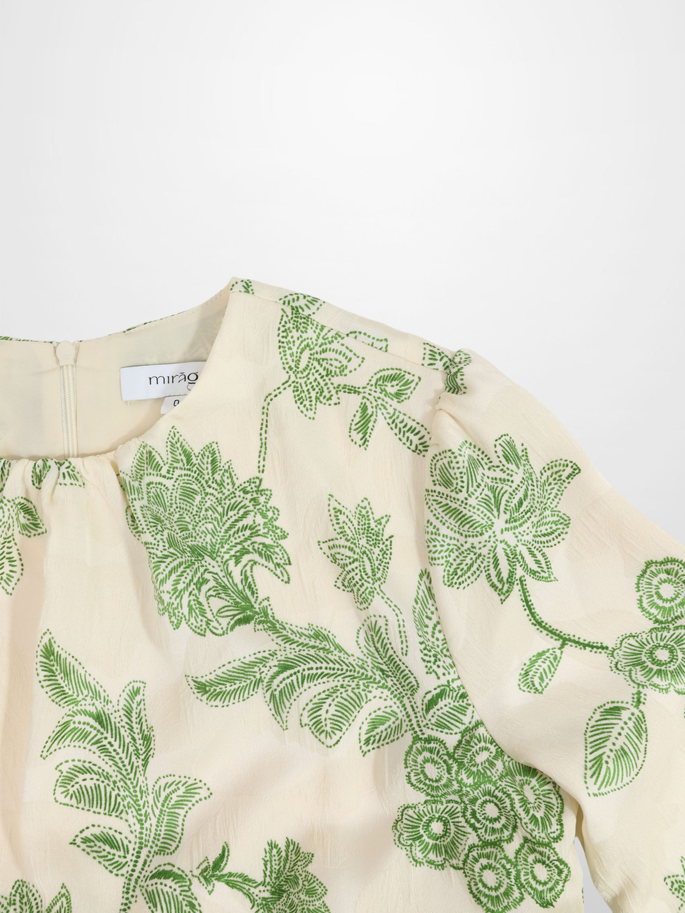 Waist Yoke Dress-Green Sketch Flower