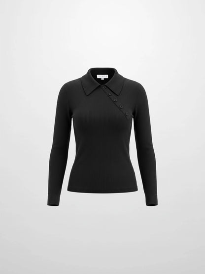 Asymmetrical Button Collar Sweater - Black