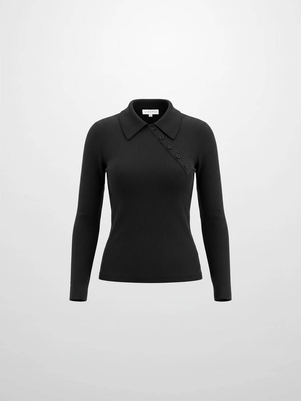 Asymmetrical Button Collar Sweater - Black