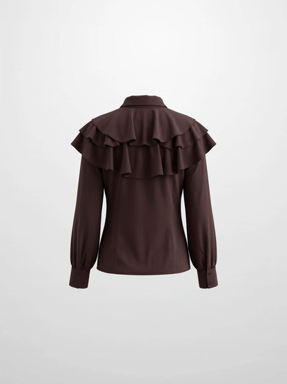 Double Ruffle Faux Satin Blouse - Wine