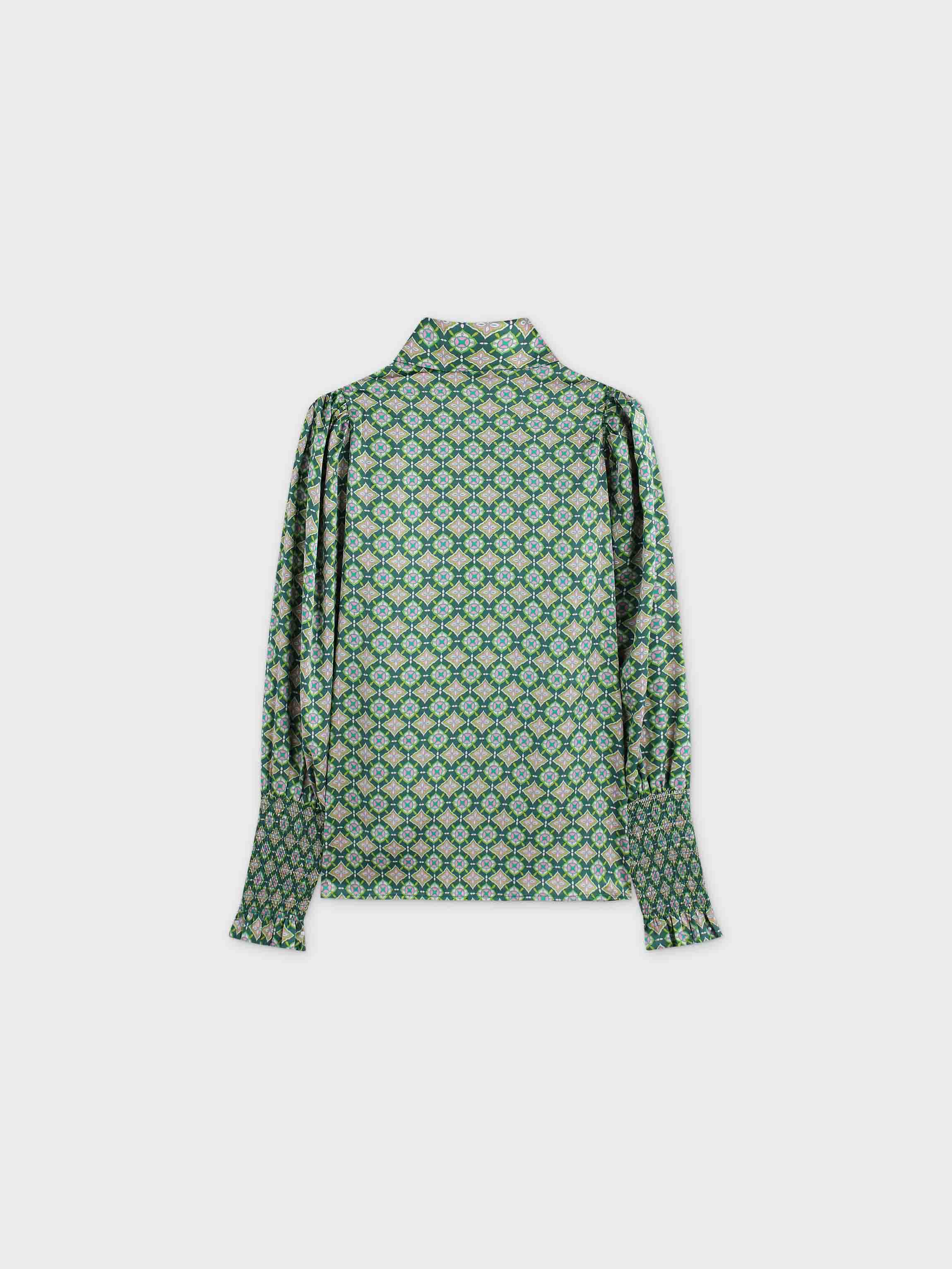 SMOCKED BLOUSE-GEOMETRIC MEDALLION GREEN