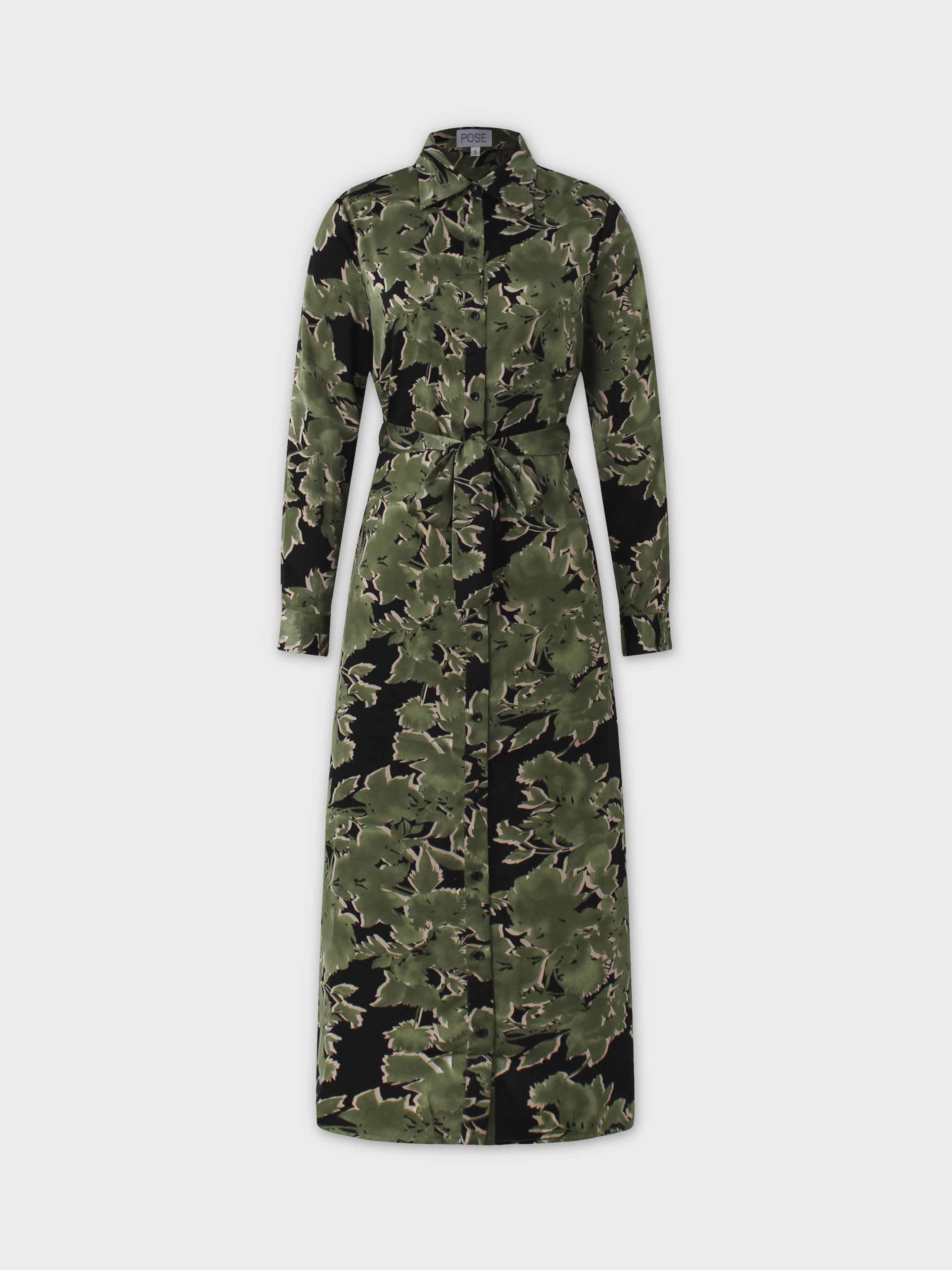 Long Shirtdress-Green/Black Floral