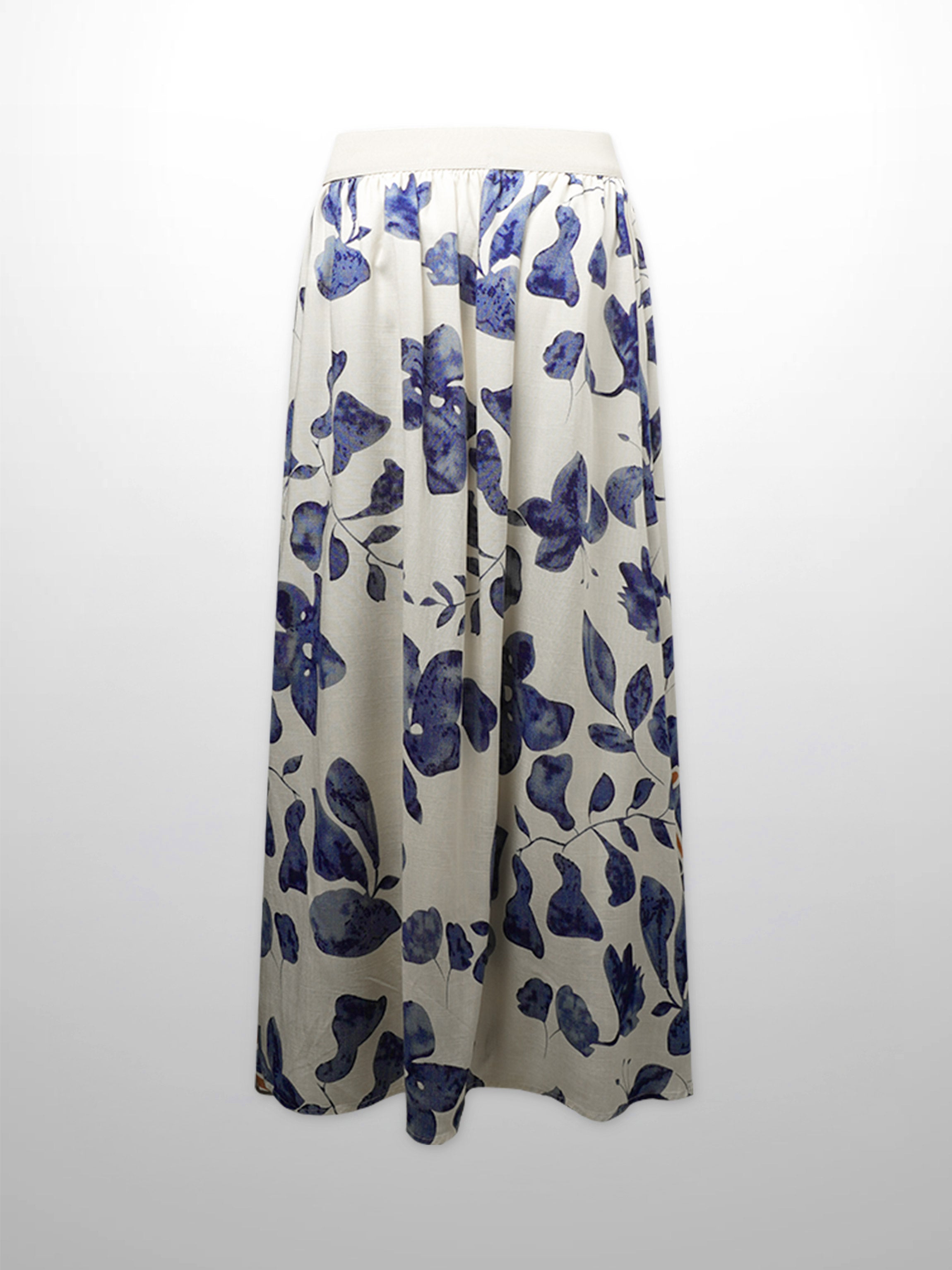 Leather Buckle Skirt-Blue Floral