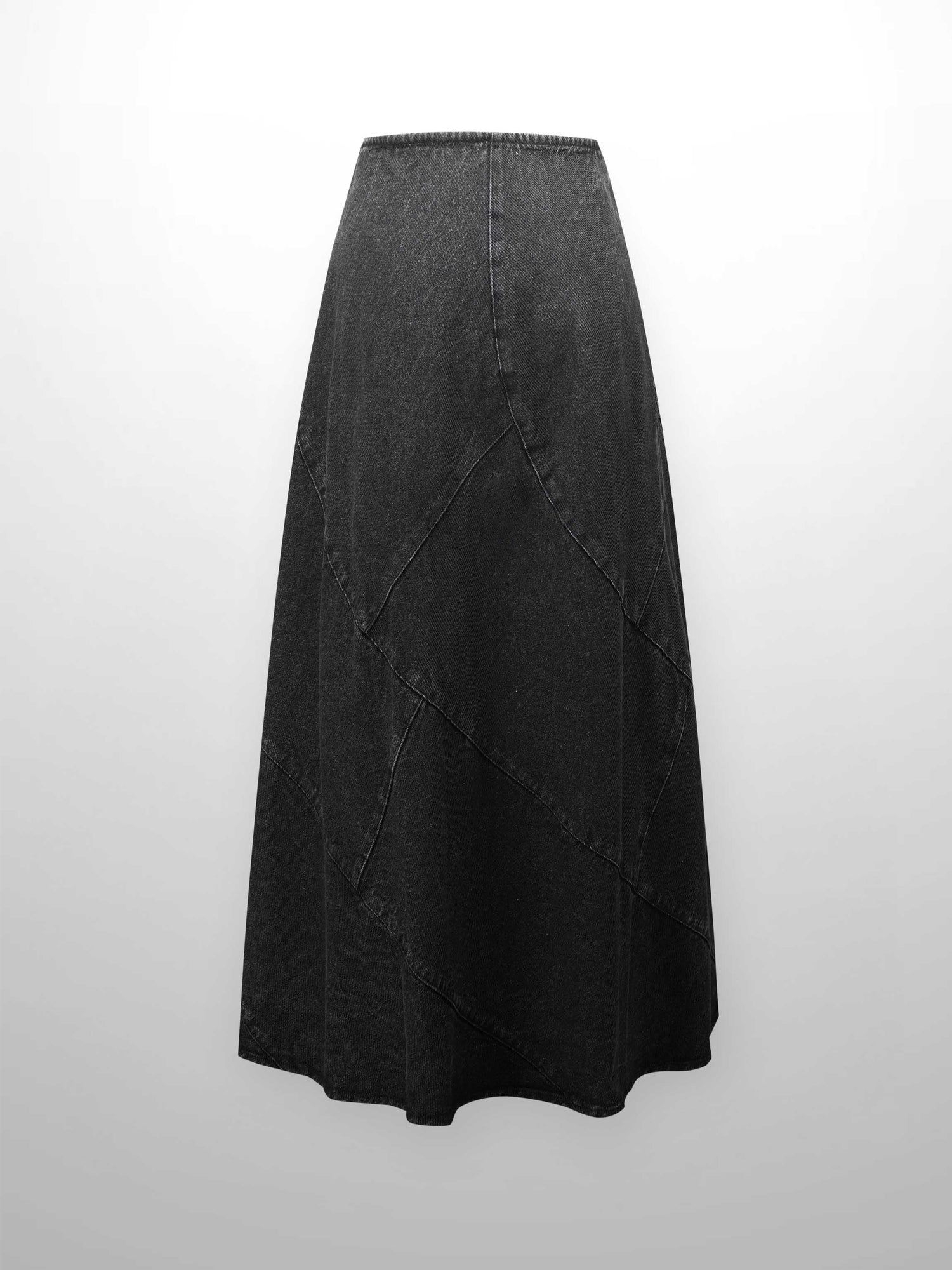 Seamed A-line Denim Skirt-Black