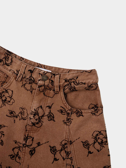 Printed Denim Flare Skirt - Brown/Black Floral