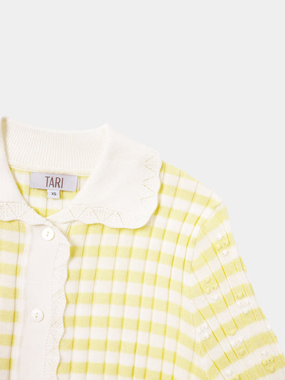 Striped Scalloped Edge Cardigan-Yellow/White