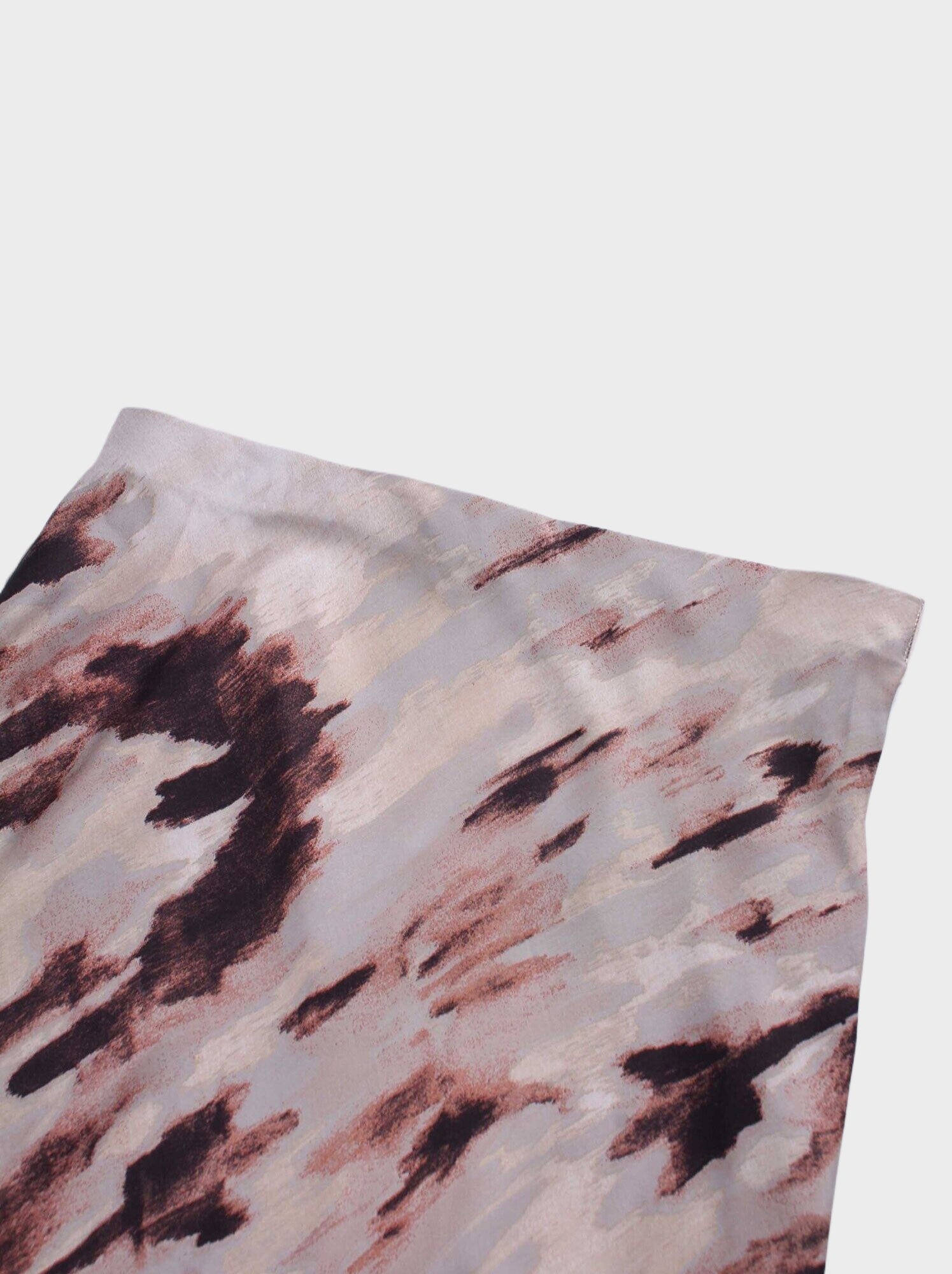 Printed Satin Slip Skirt-Brown Brushstrokes