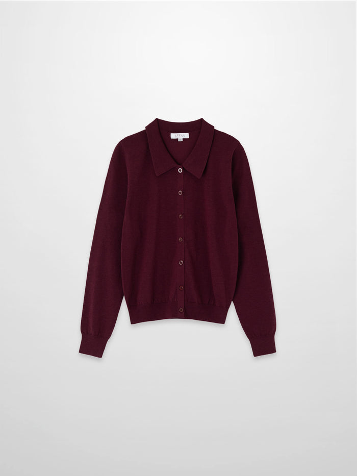Wool Blend Collared Cardigan-Burgundy