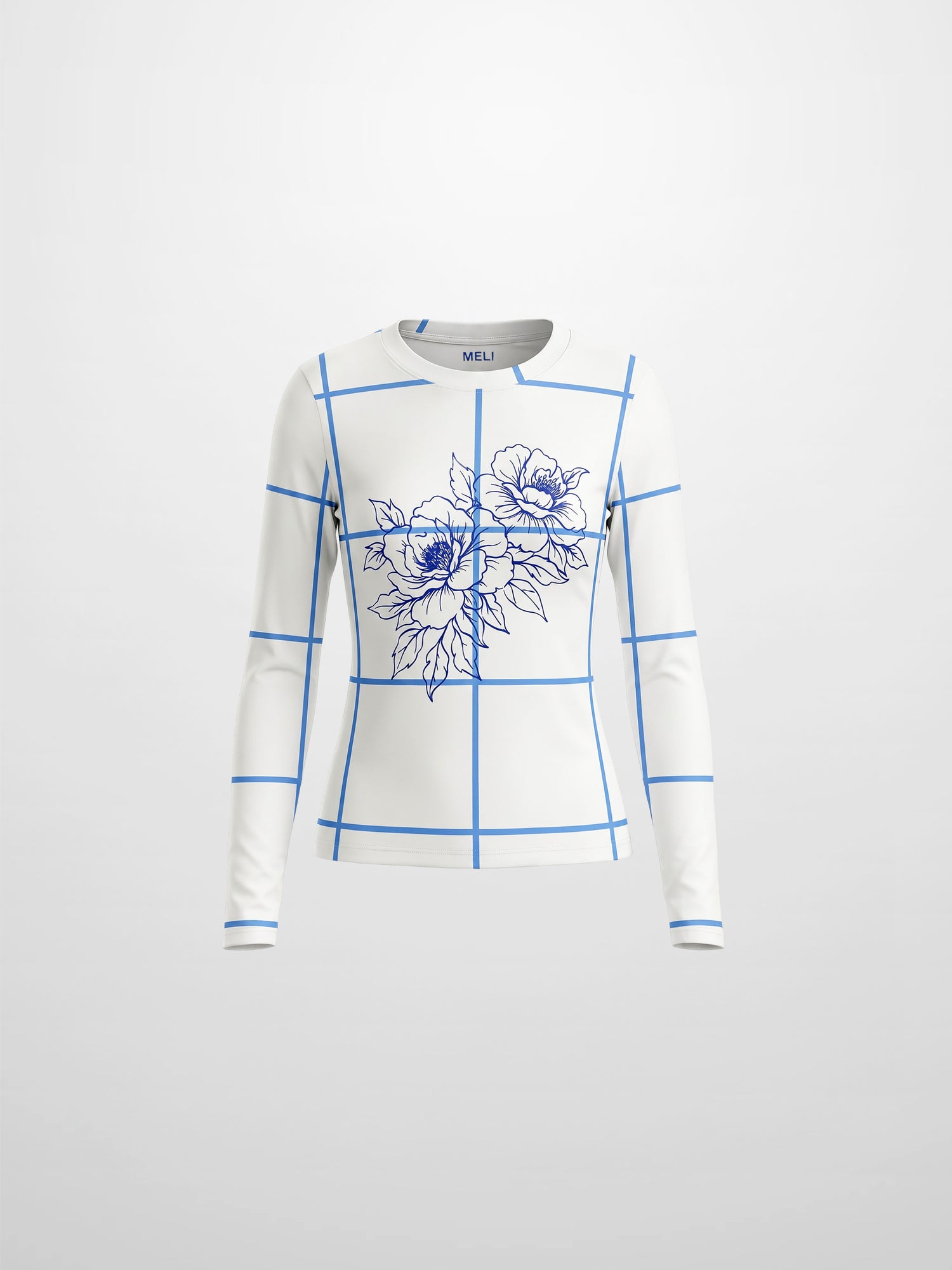 Basic Printed T-shirt-Floral Windowpane Blue
