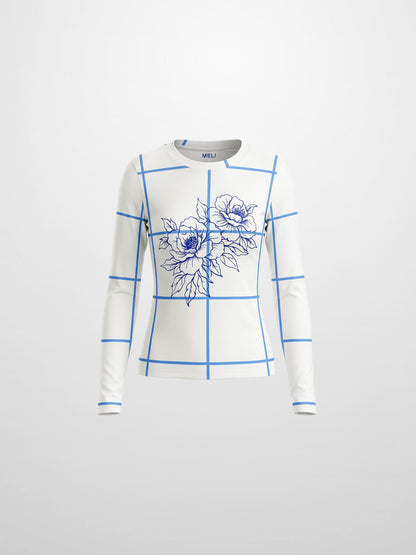 Basic Printed T-shirt-Floral Windowpane Blue