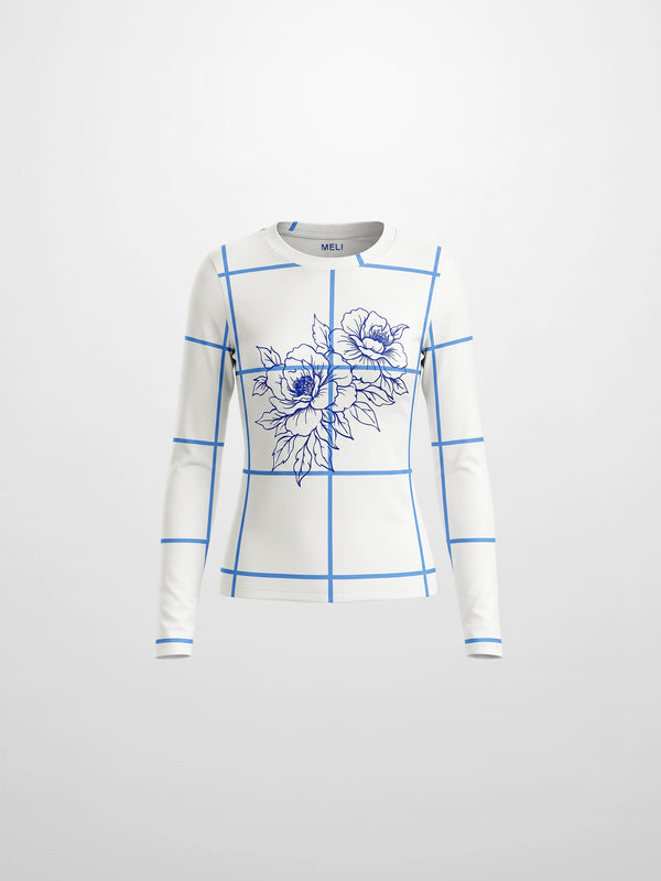 Basic Printed T-shirt-Floral Windowpane Blue