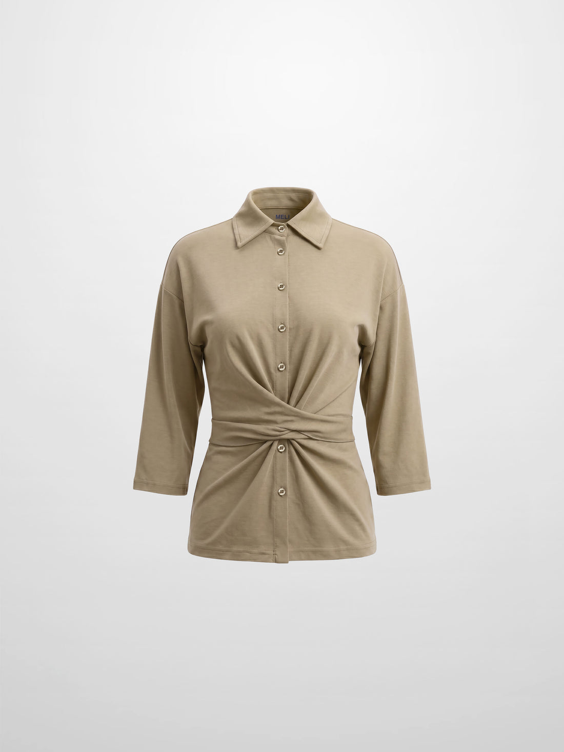 Waist Tie Button Down T-Shirt-Light Olive