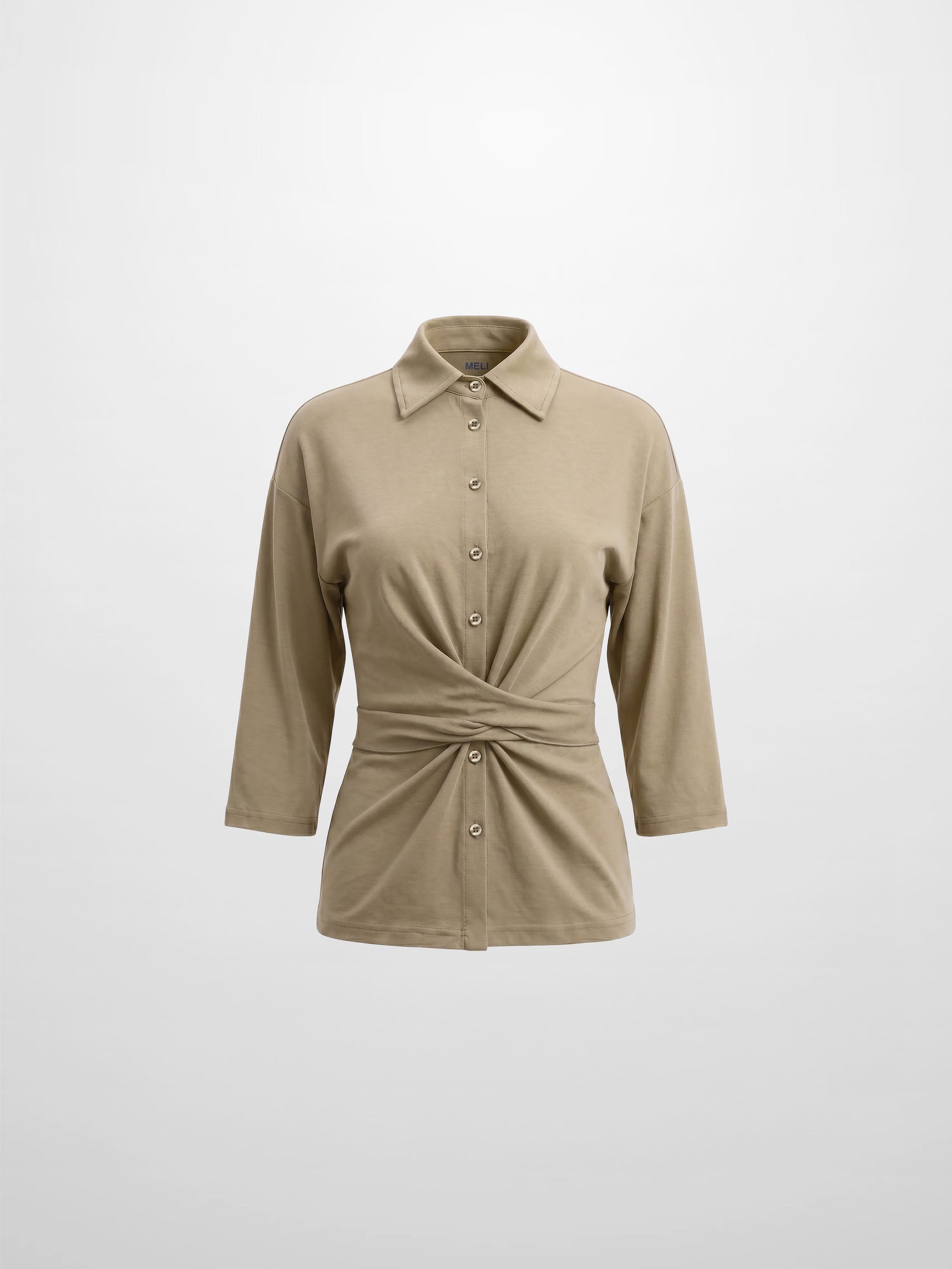 Waist Tie Button Down T-Shirt-Light Olive