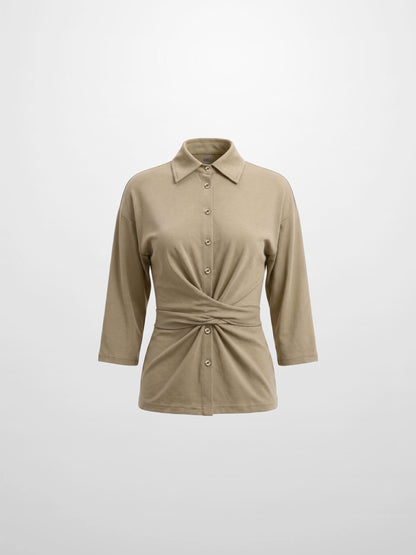 Waist Tie Button Down T-Shirt-Light Olive