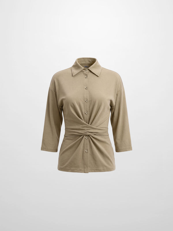 Waist Tie Button Down T-Shirt-Light Olive