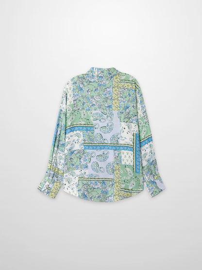 Button Down Collared Blouse-Blue/Mint Bandana
