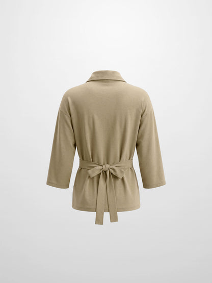 Waist Tie Button Down T-Shirt-Light Olive