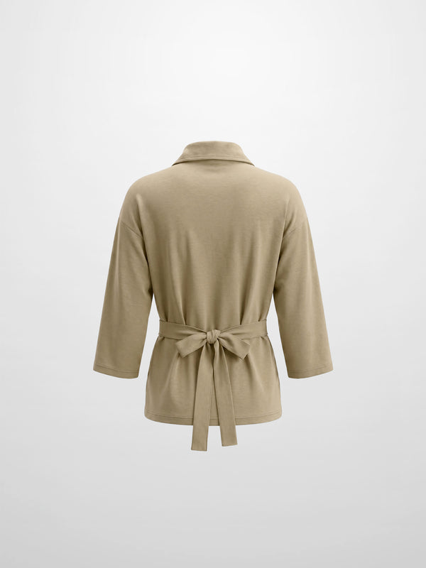 Waist Tie Button Down T-Shirt-Light Olive