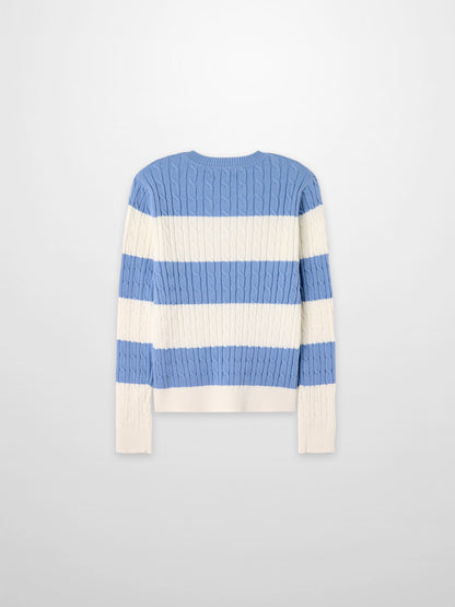 Striped Cable Sweater-Dusty Blue/White