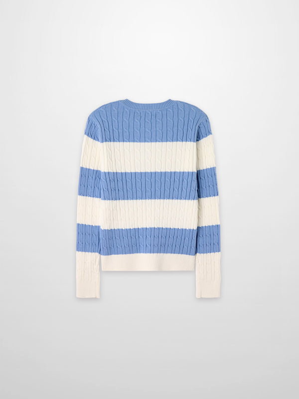 Striped Cable Sweater-Dusty Blue/White