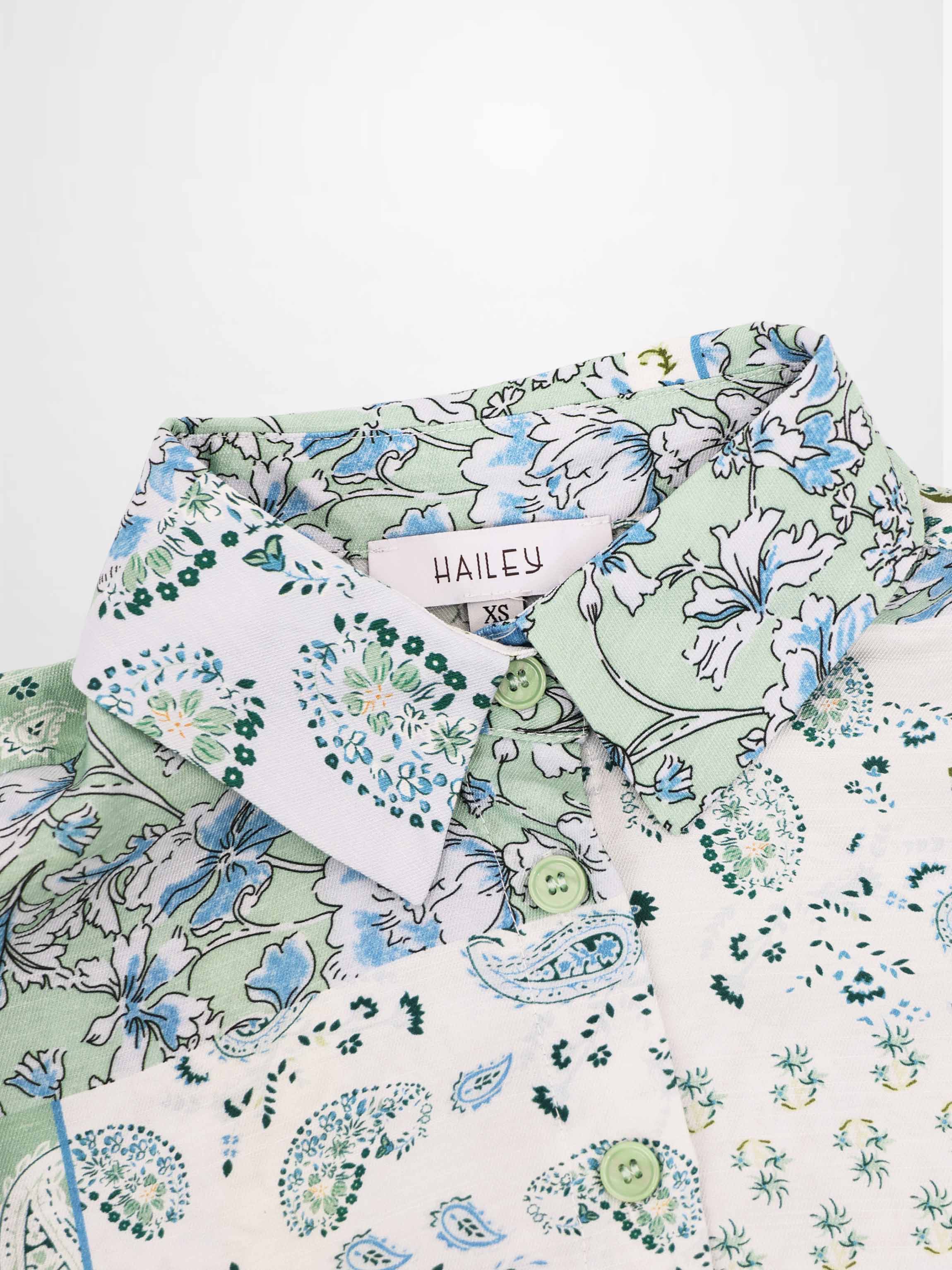 Button Down Collared Blouse-Blue/Mint Bandana