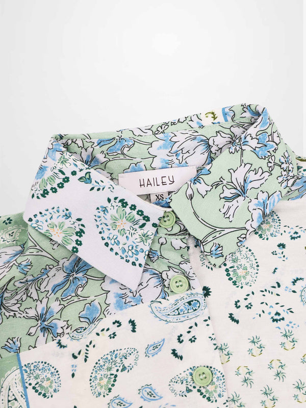 Button Down Collared Blouse-Blue/Mint Bandana
