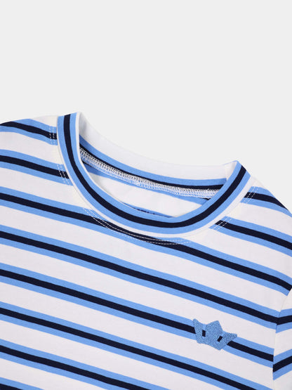 Embroidered Crown Striped Tee-Light Blue/Dark Blue