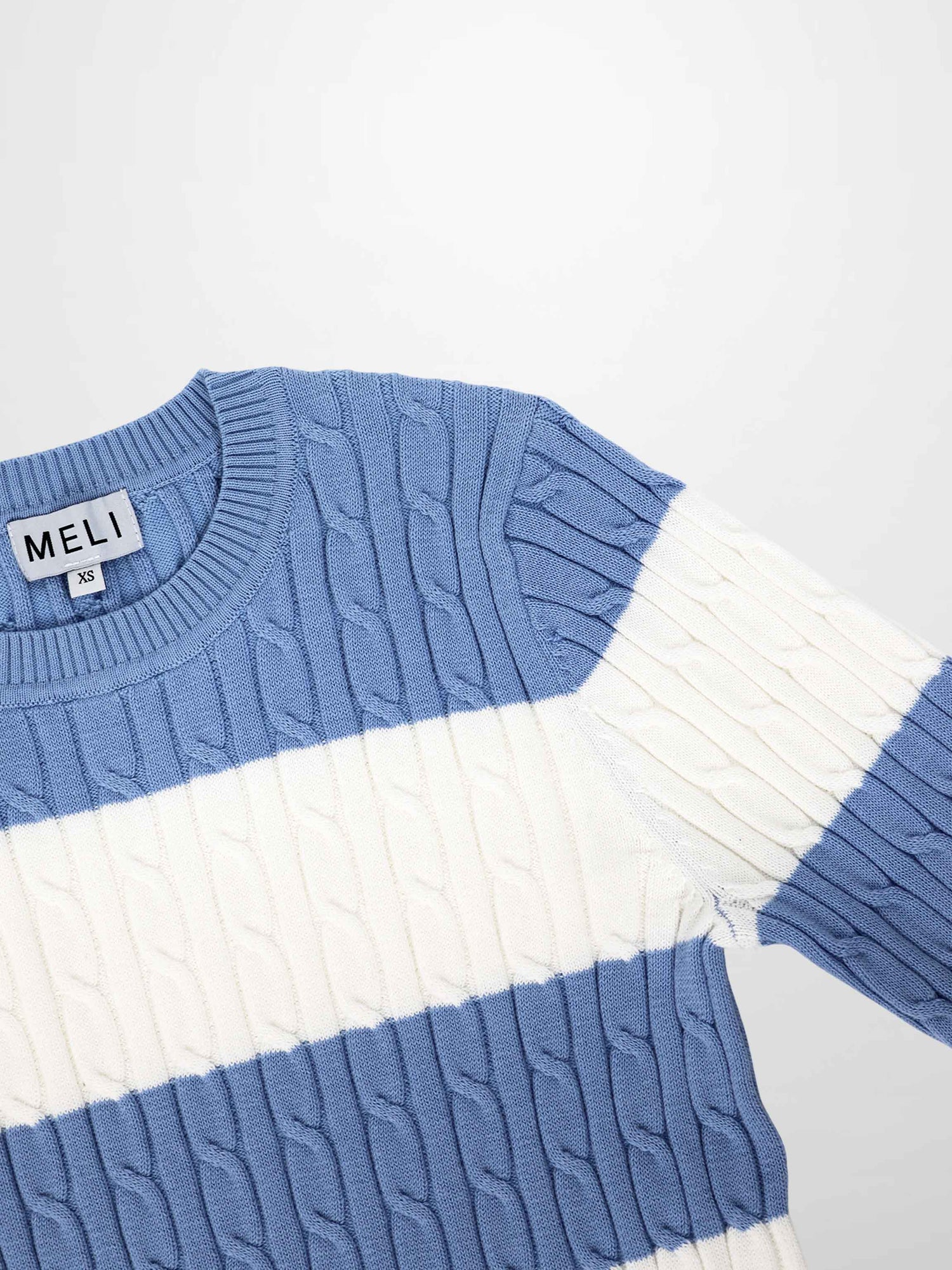 Striped Cable Sweater-Dusty Blue/White
