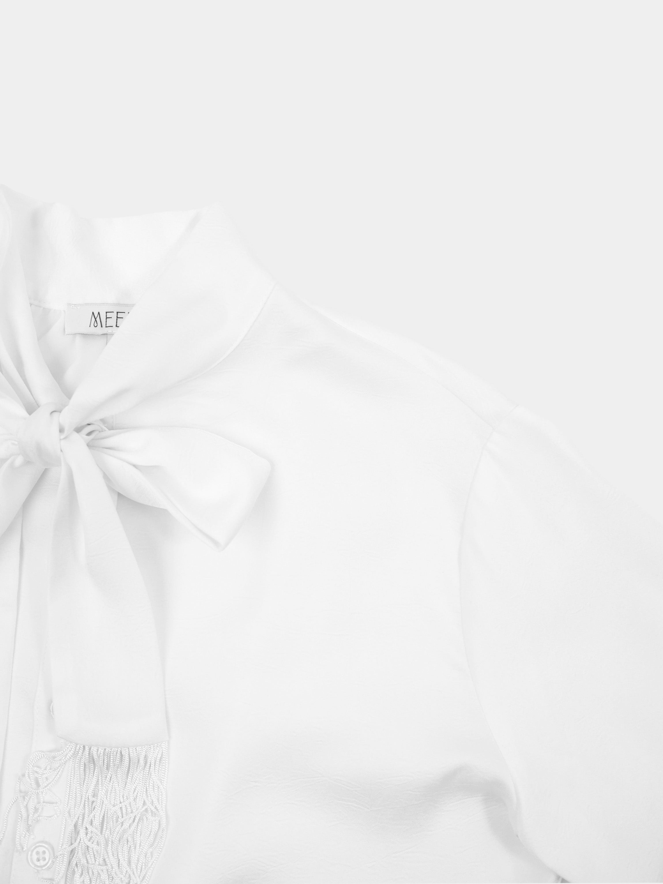 Fringe Bow Blouse-White
