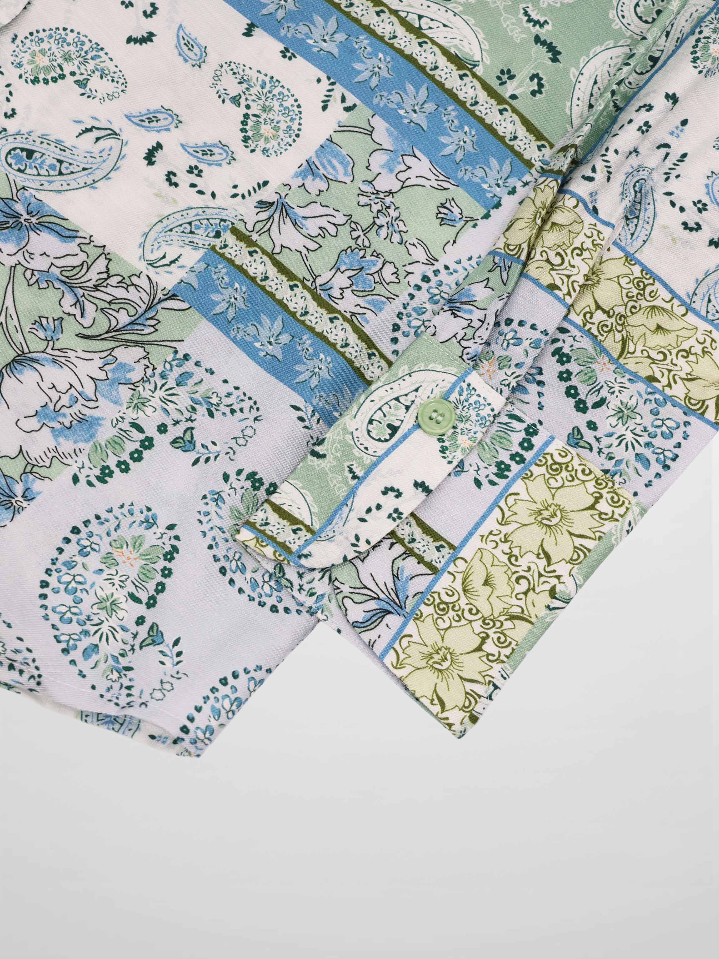 Button Down Collared Blouse-Blue/Mint Bandana