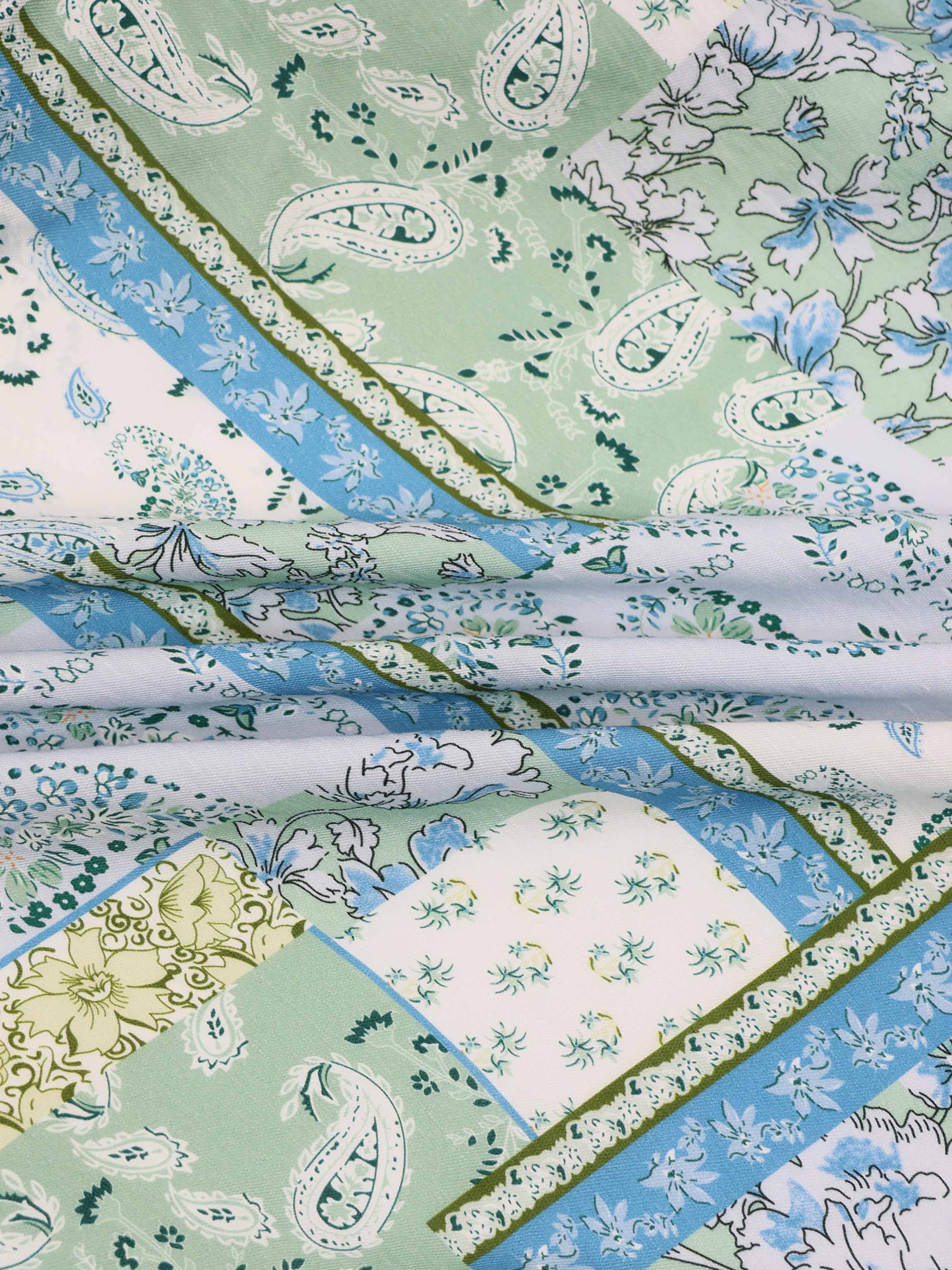 Button Down Collared Blouse-Blue/Mint Bandana