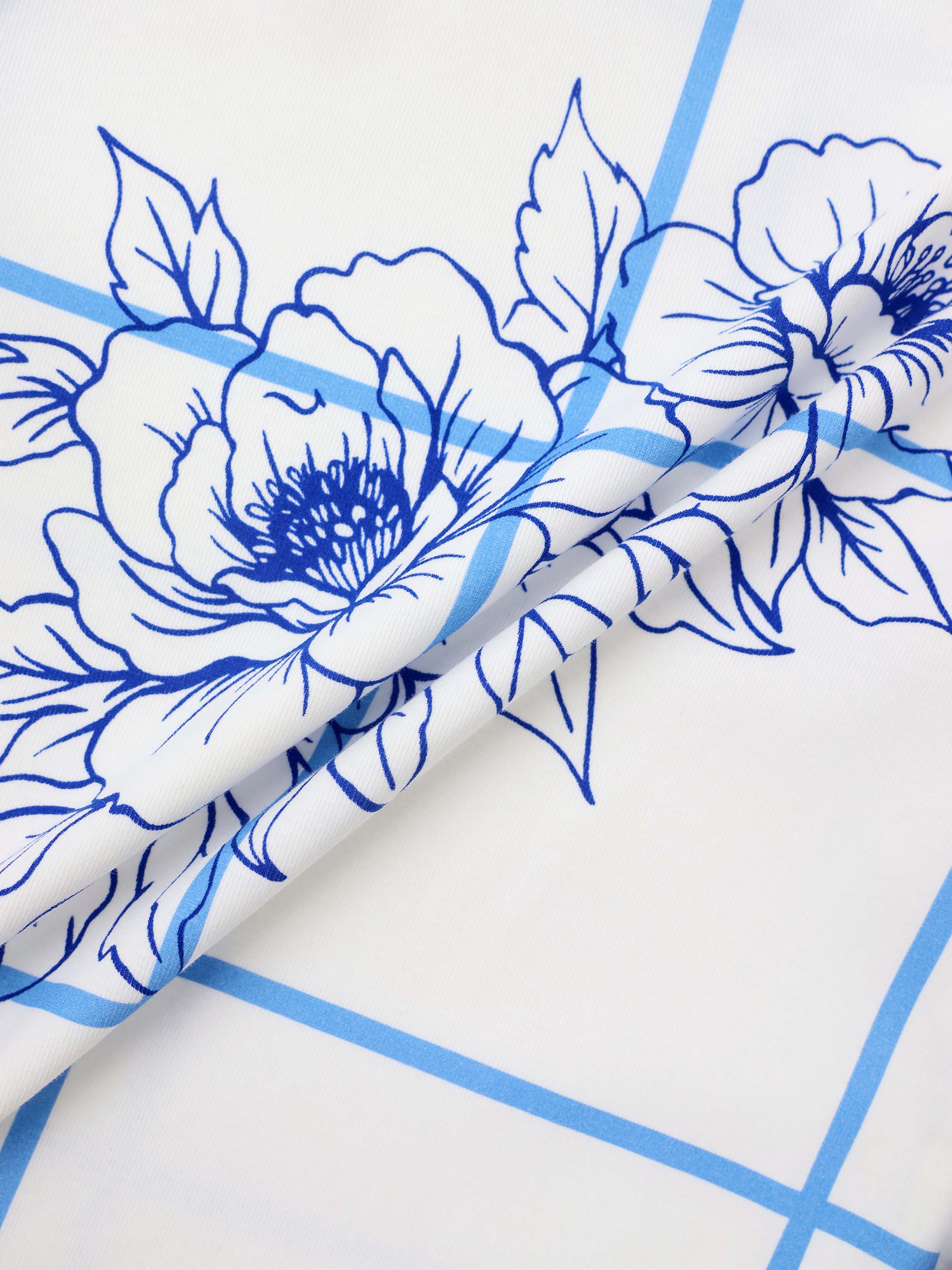 Basic Printed T-shirt-Floral Windowpane Blue