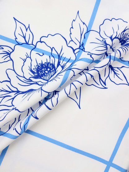 Basic Printed T-shirt-Floral Windowpane Blue