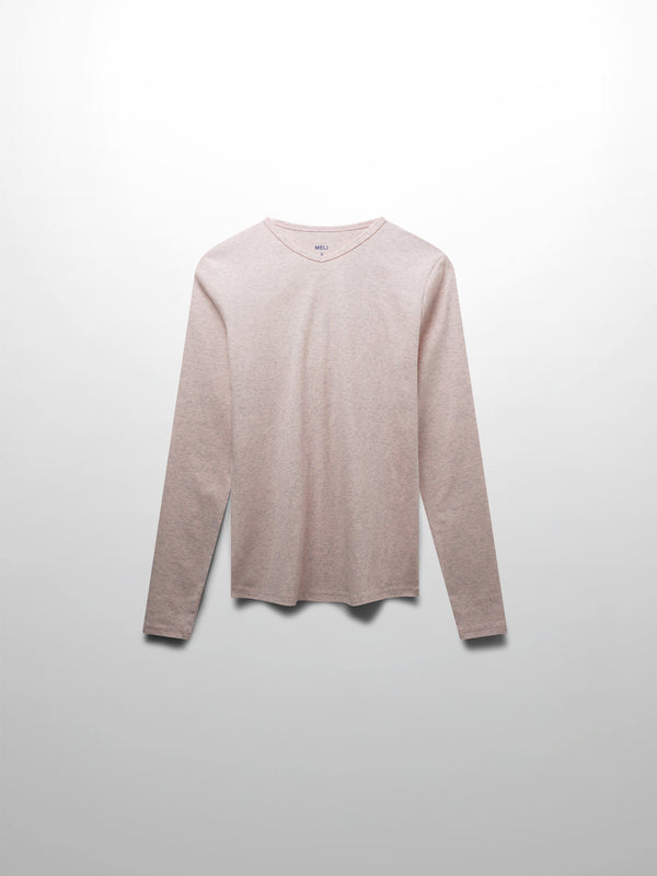 Basic High V Tee Long Sleeve-Heathered Pink/Grey