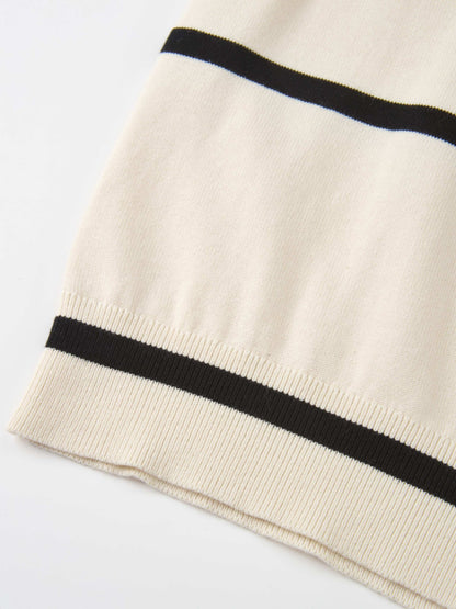 Thin Knit Polo Top - Cream/Black/Burgundy