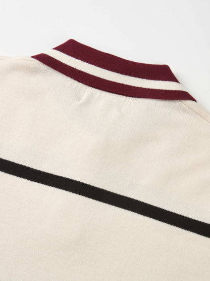 Thin Knit Polo Top - Cream/Black/Burgundy