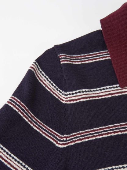 Thin Knit Polo Top - Navy/Burgundy/Cream