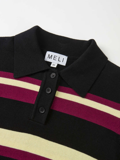 Thin Knit Polo Top - Black/Burgundy/Yellow