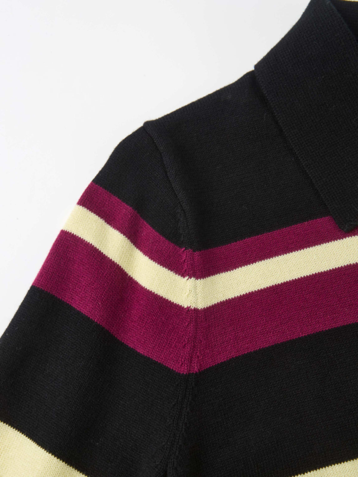 Thin Knit Polo Top - Black/Burgundy/Yellow